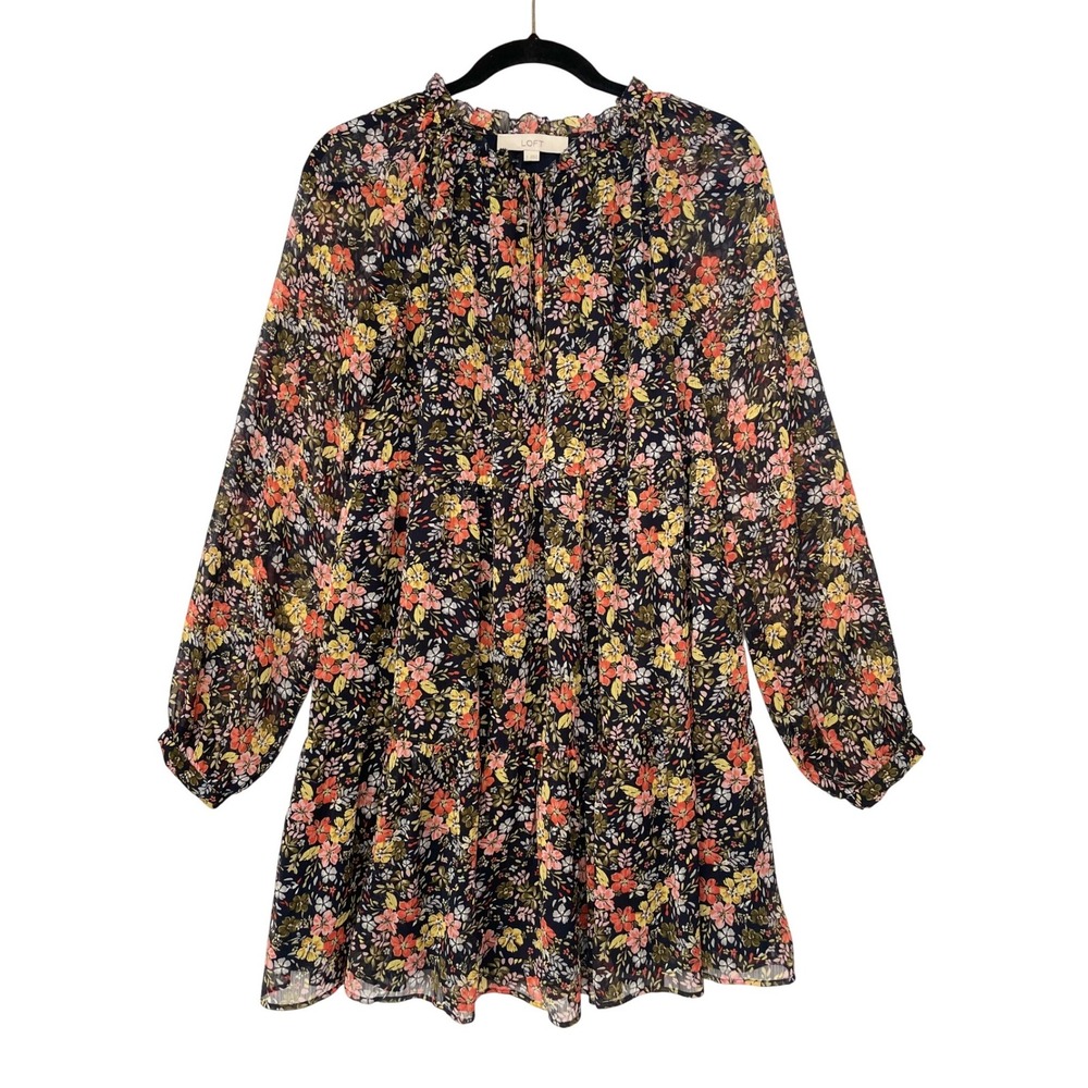 LOFT Floral Tiered Mini‎ Dress Womens Size Small Black Orange Ruffle Tie Neck